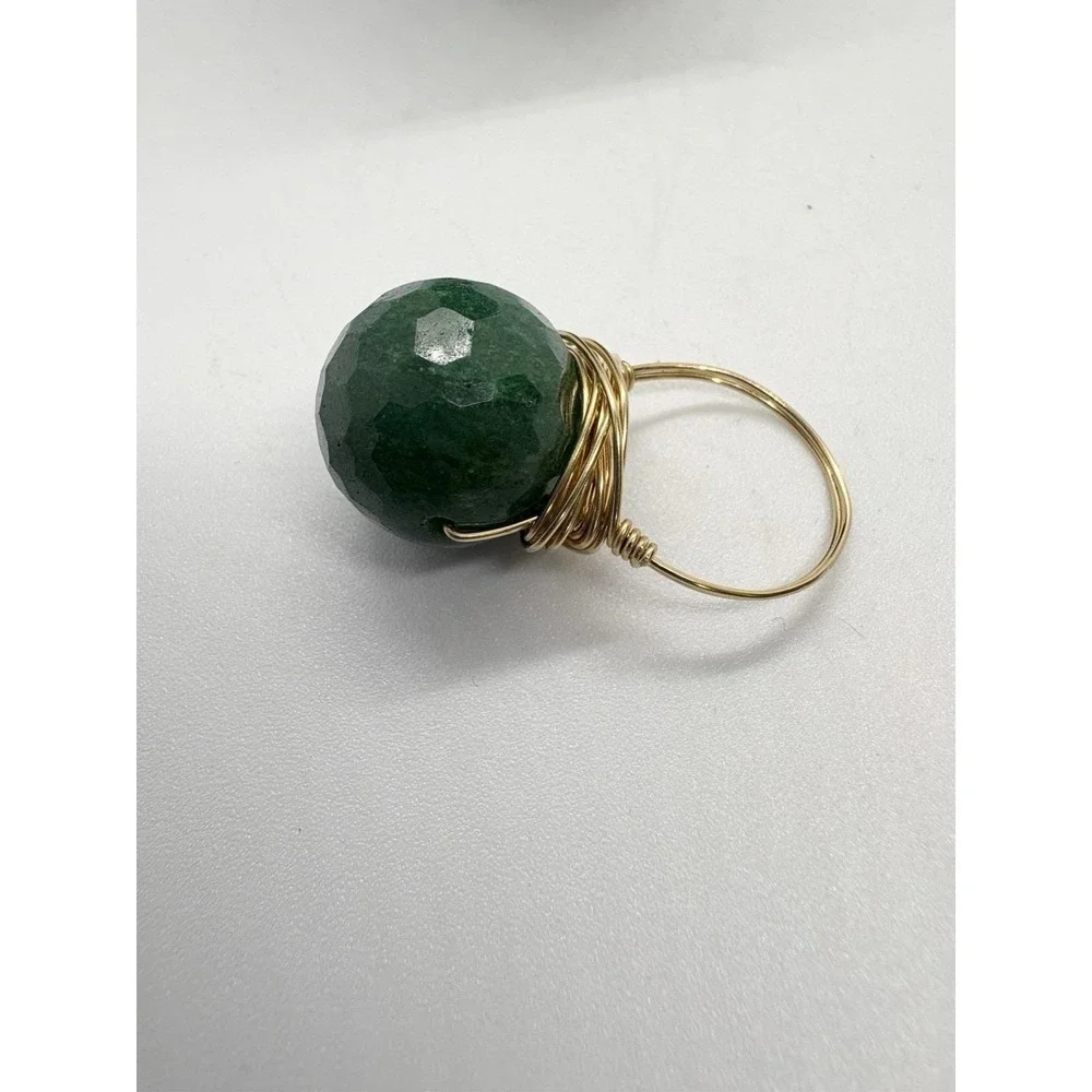 Gold-Filled Wire Wrapped Geodesic Faceted Green Aventurine Ring Size‎ 5.25 Boho